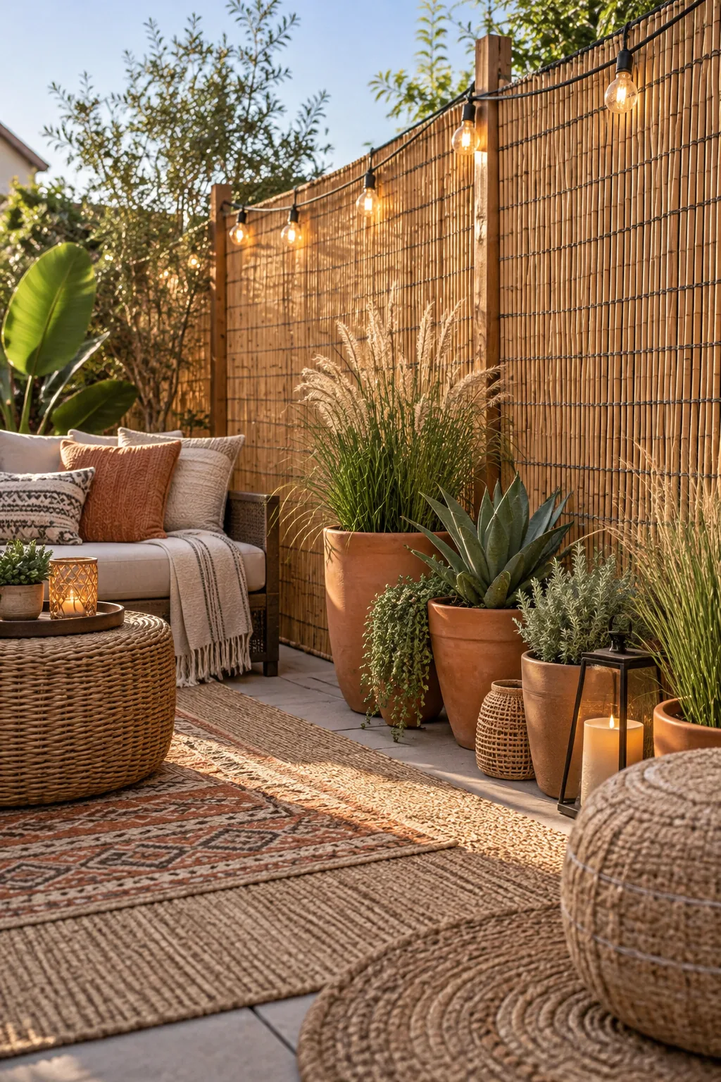 A boho style patio utilizing rolled bamboo screening, terracotta planters, and woven rugs.