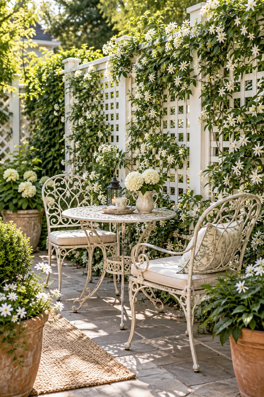 A white painted lattice privacy screen covered in climbing green jasmine vines behind vintage iron furniture.