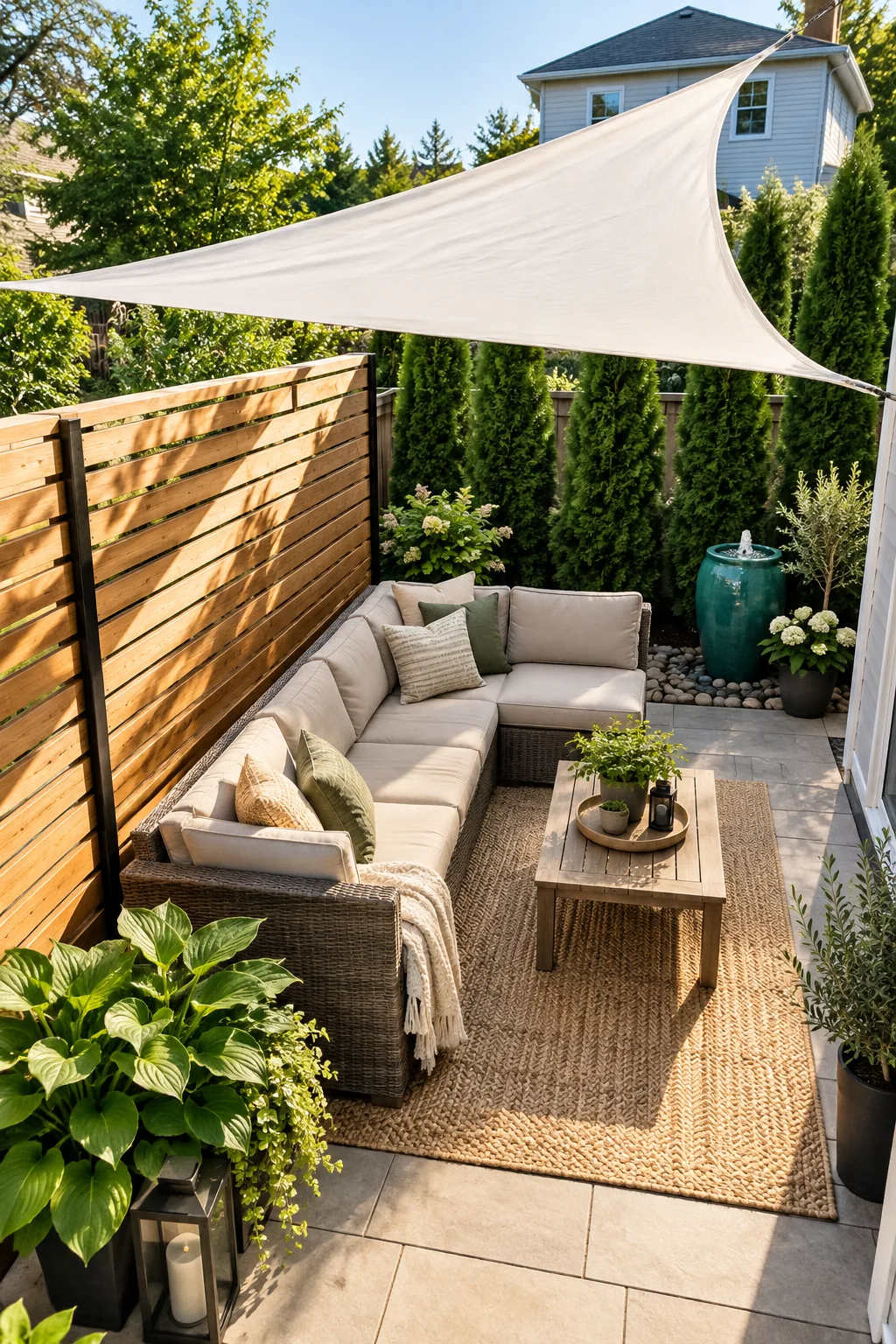 A white shade sail tilted upward over an outdoor sofa, blocking the view of a neighboring two-story house.