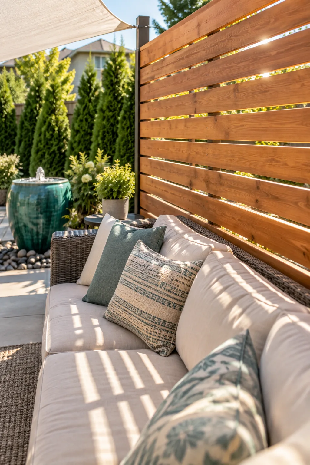 An elevated view showing a cedar slat privacy screen positioned just three feet away from a patio sofa.