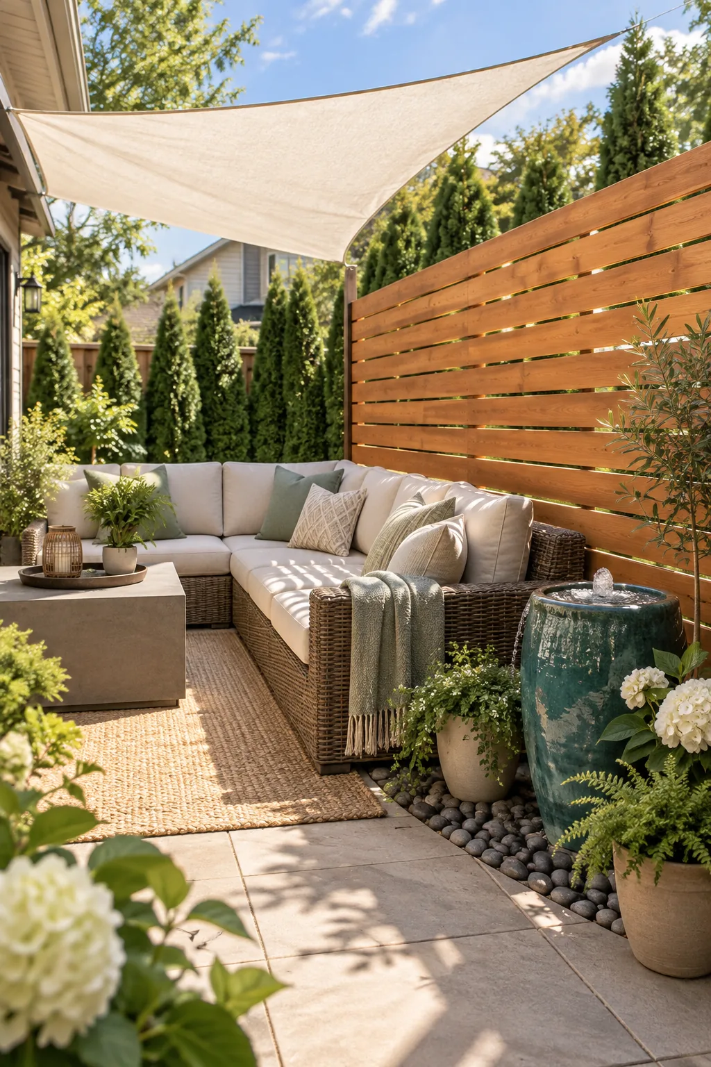 Close-up of a cedar privacy screen with half-inch gaps between the horizontal slats, casting shadows on a sofa.