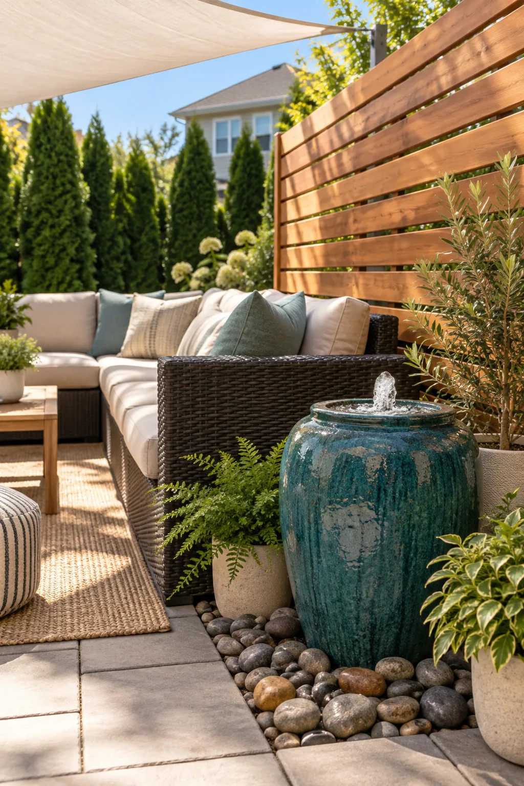 A small teal ceramic fountain bubbling over river rocks right next to a wicker patio sofa.