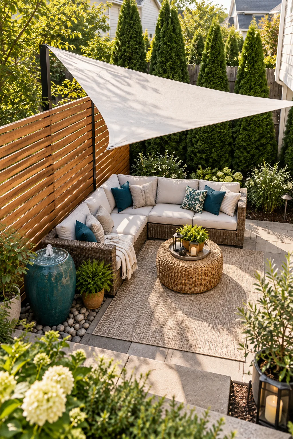 Overhead view of a patio layout showing the exact placement of the sofa, privacy screen, shade sail, and trees.