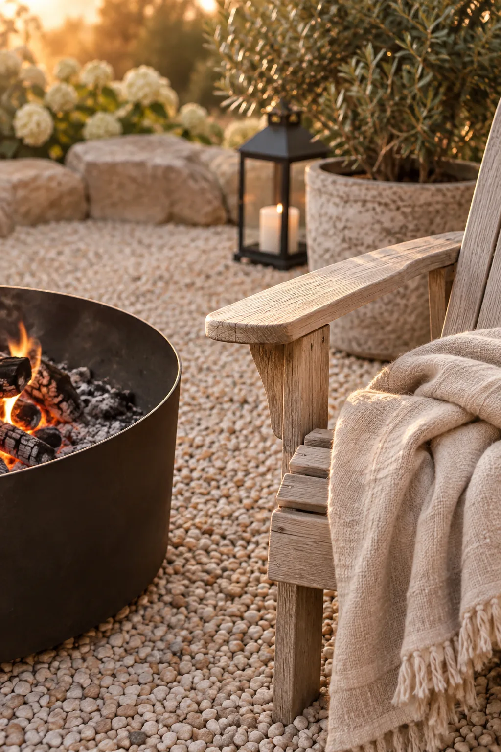 Pea gravel patio with two Adirondack chairs and a metal fire pit