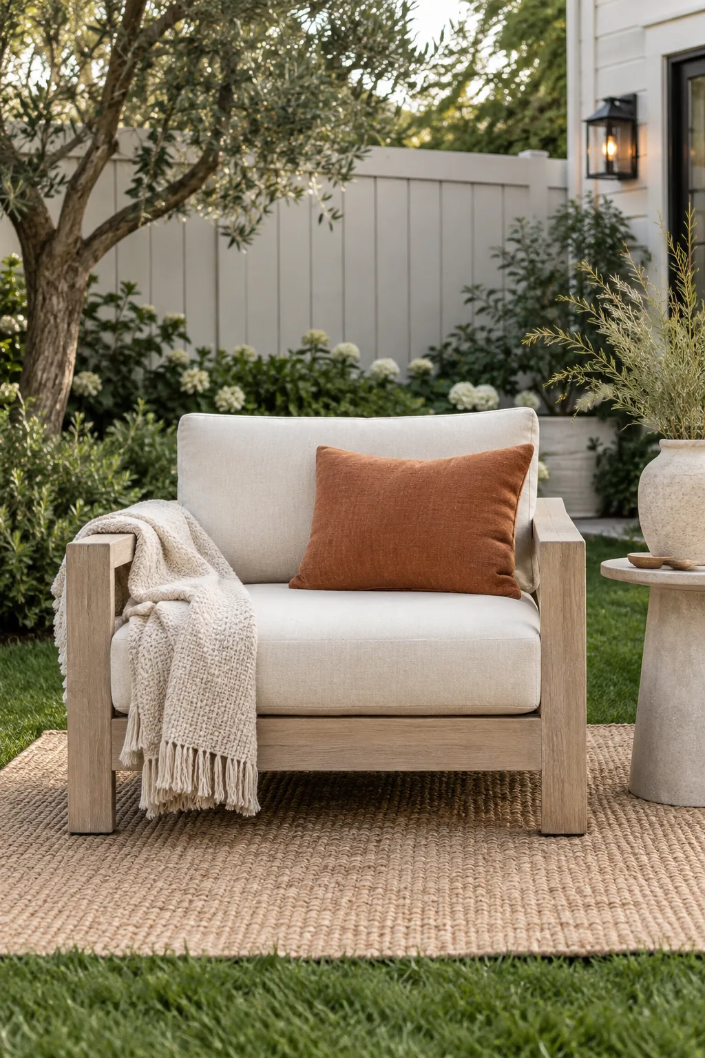 Large outdoor rug on grass with an outdoor sofa and chairs