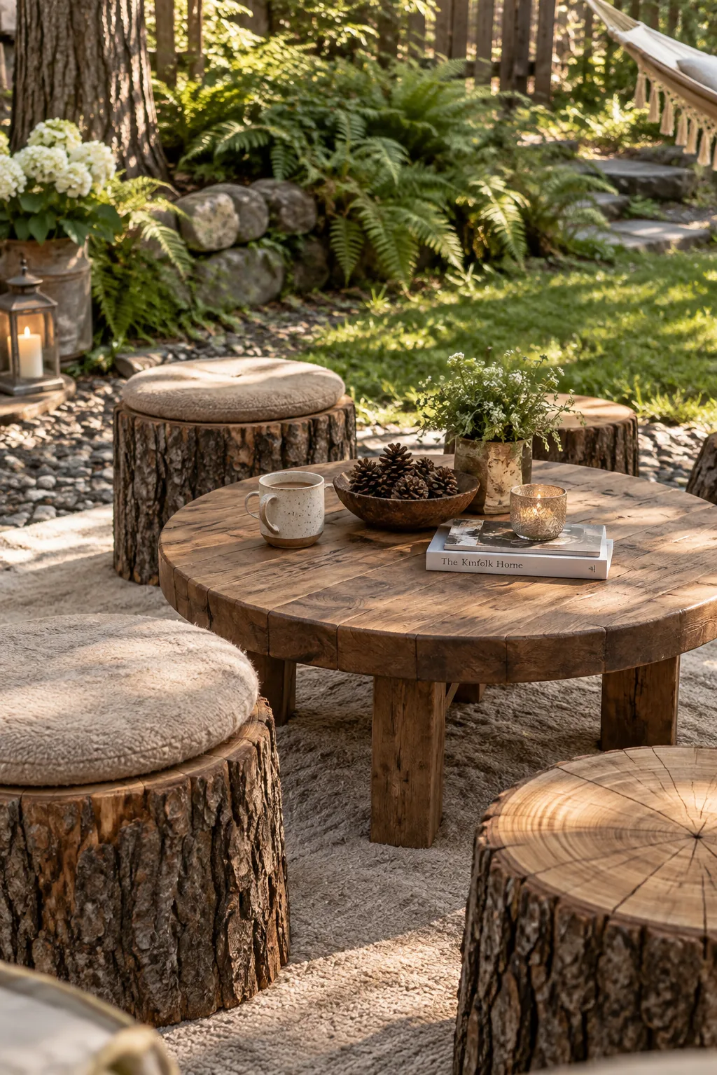 Sealed tree stumps with cushions around a low wooden table