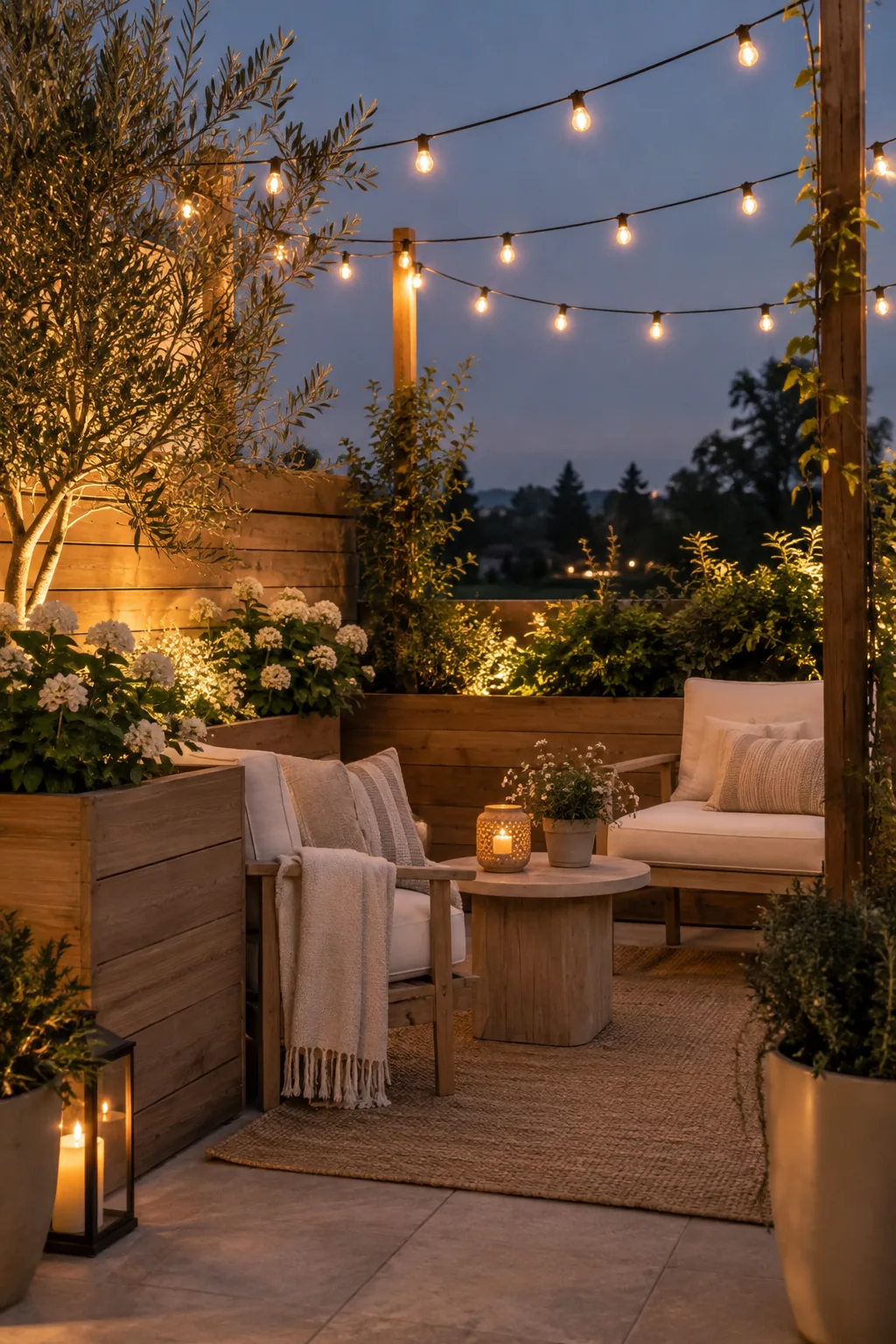 String lights hung in a zigzag pattern over patio chairs