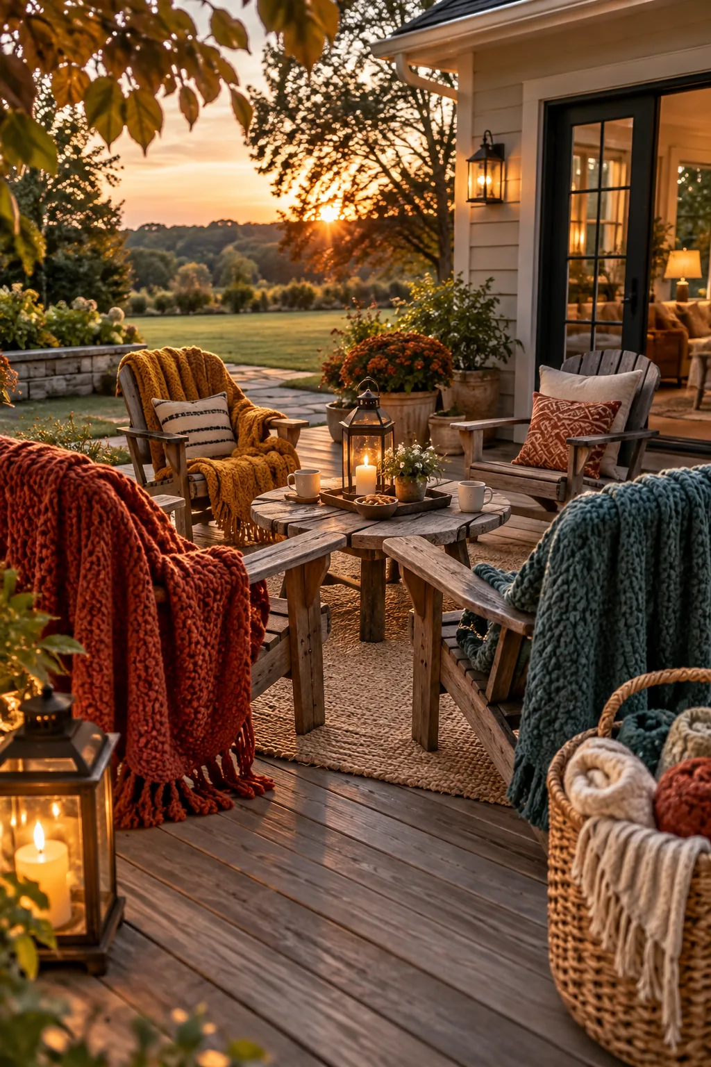 Patio chairs draped with colorful throw blankets