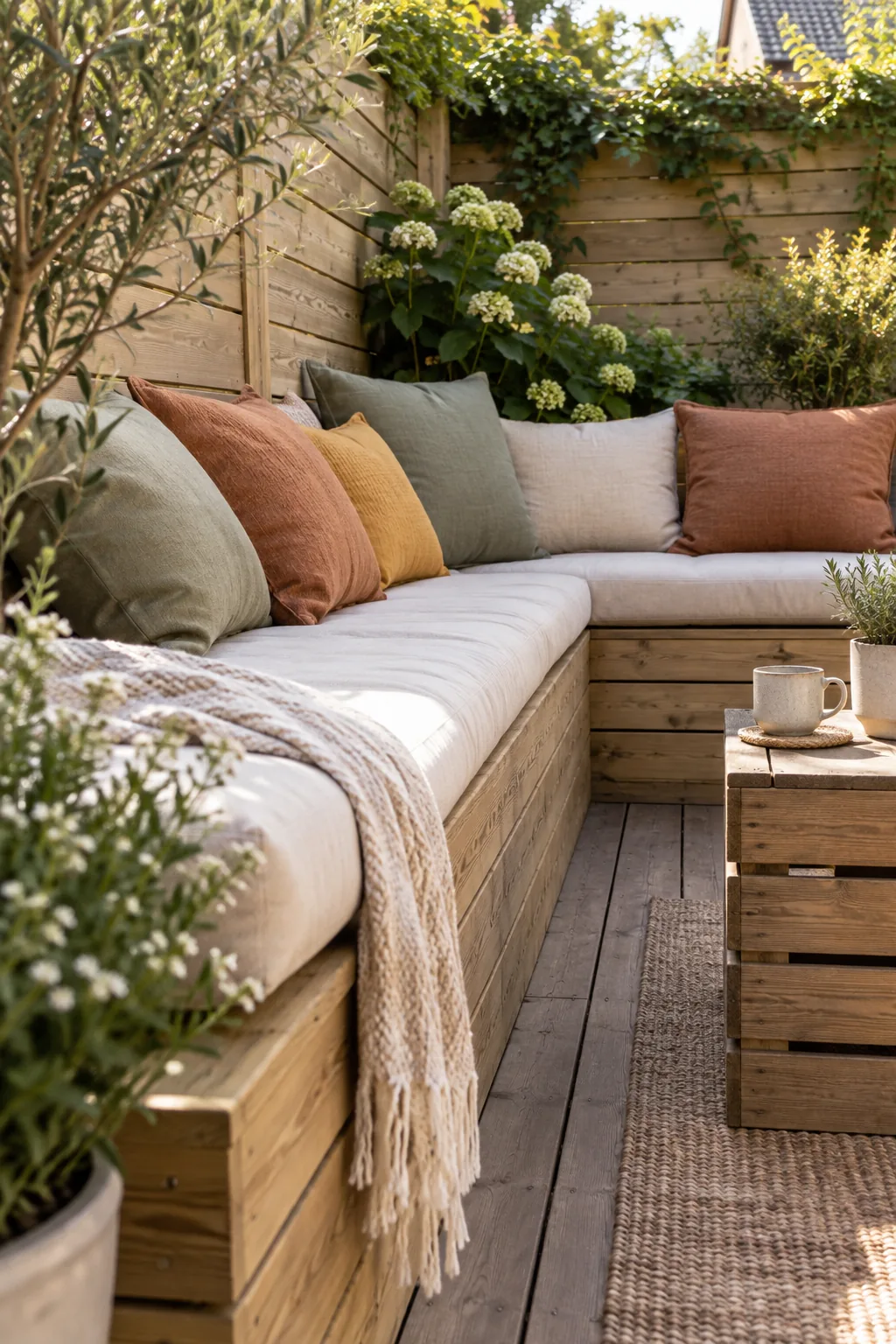 L-shaped wooden bench built along a backyard fence
