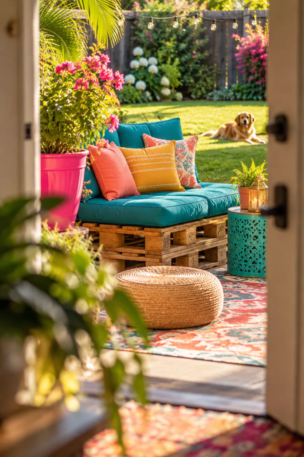 Lounge seating made from stacked wooden pallets and outdoor cushions