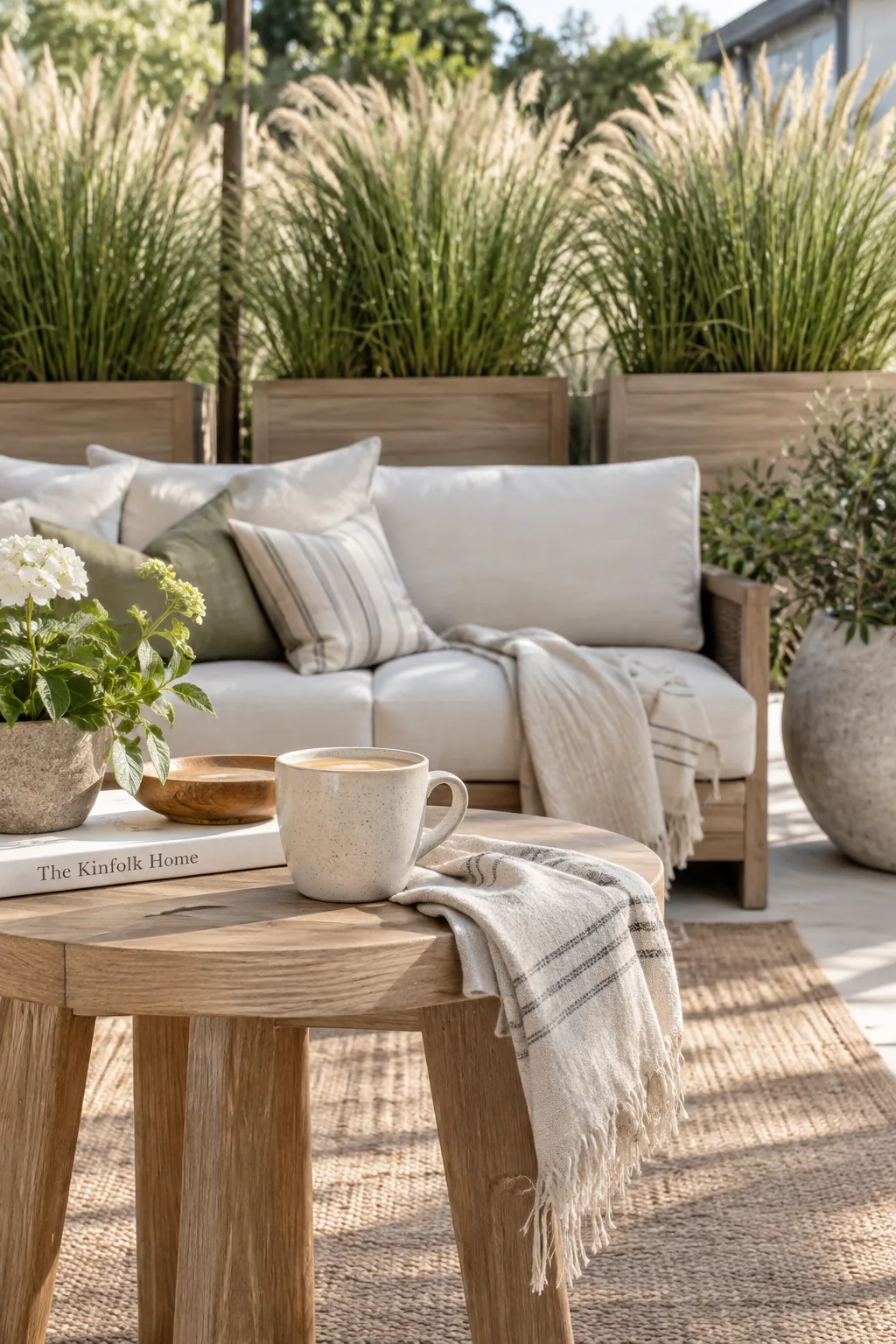 Tall ornamental grasses in planter boxes behind an outdoor sofa