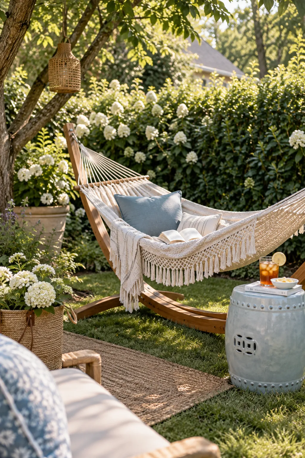 Woven hammock on a wooden stand with a ceramic garden stool