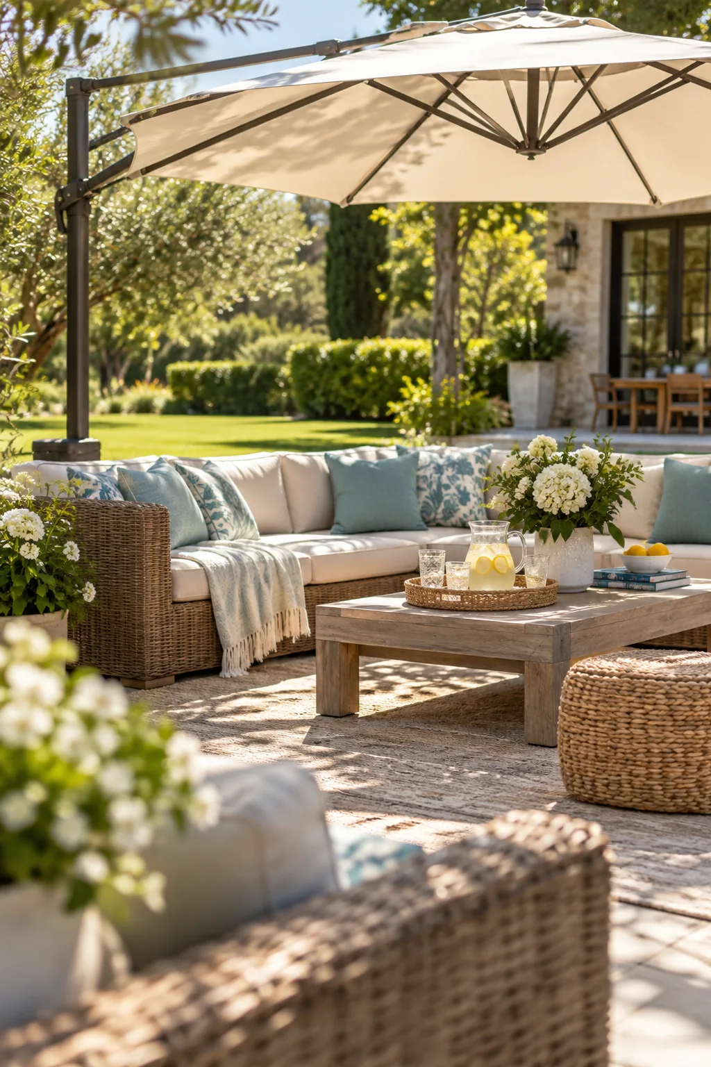 Cantilever umbrella suspended over a wicker seating set