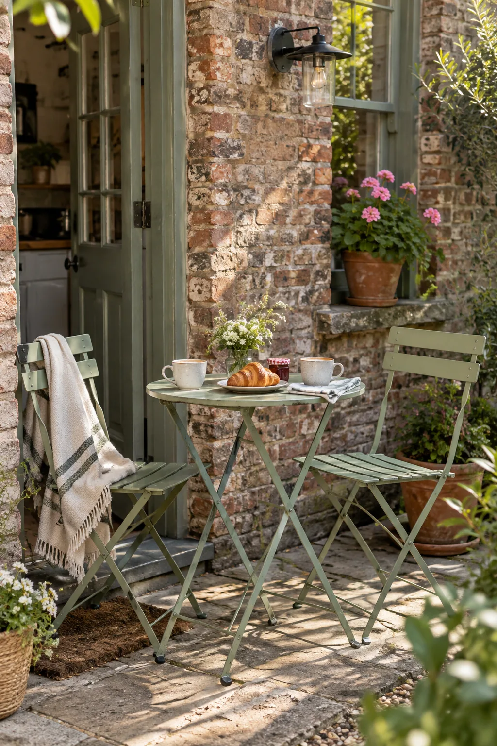 Small folding bistro table and two chairs near a back door