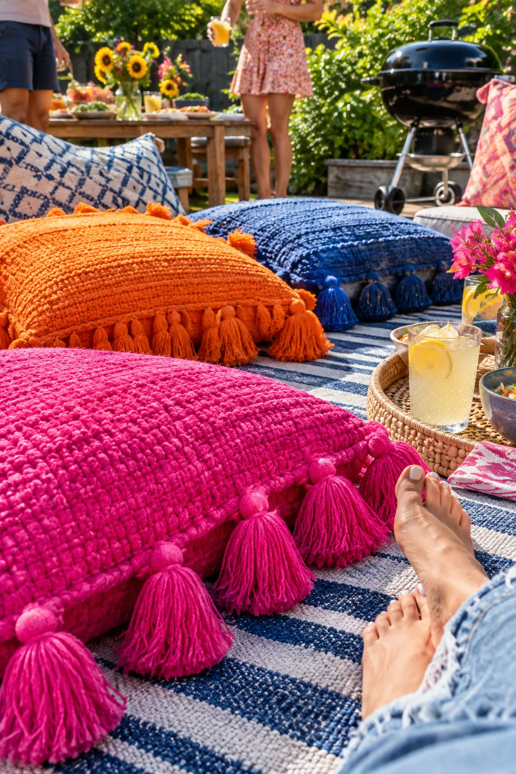 Oversized floor cushions scattered on a large outdoor rug