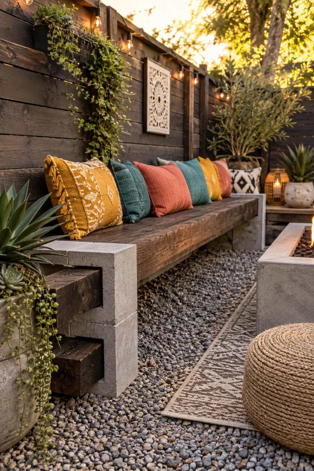 Bench made of gray cinder blocks and dark stained lumber