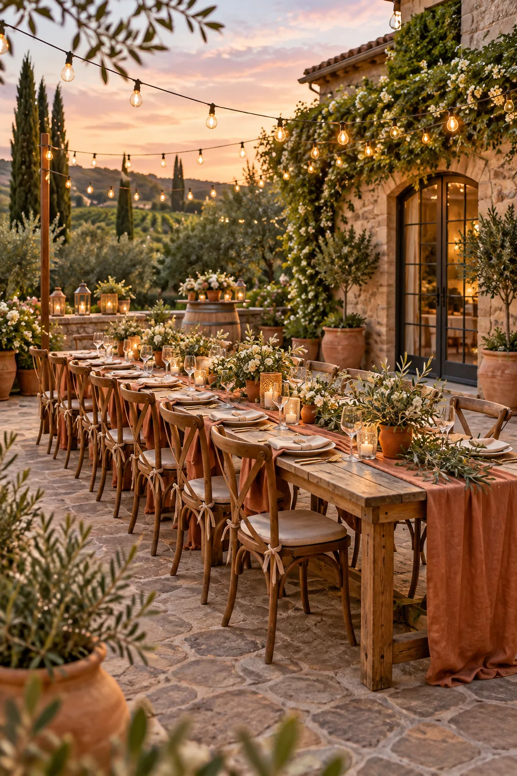 A rustic backyard wedding setup with bare wood tables, olive branches, and terracotta accents on a stone patio.