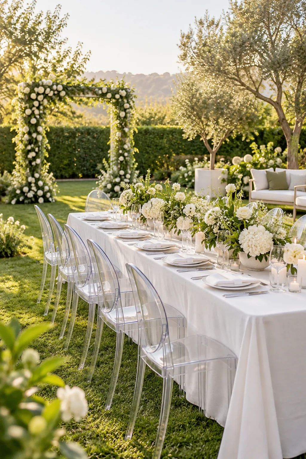 A modern minimalist backyard wedding setup with clear ghost chairs and crisp white linens on a lawn.