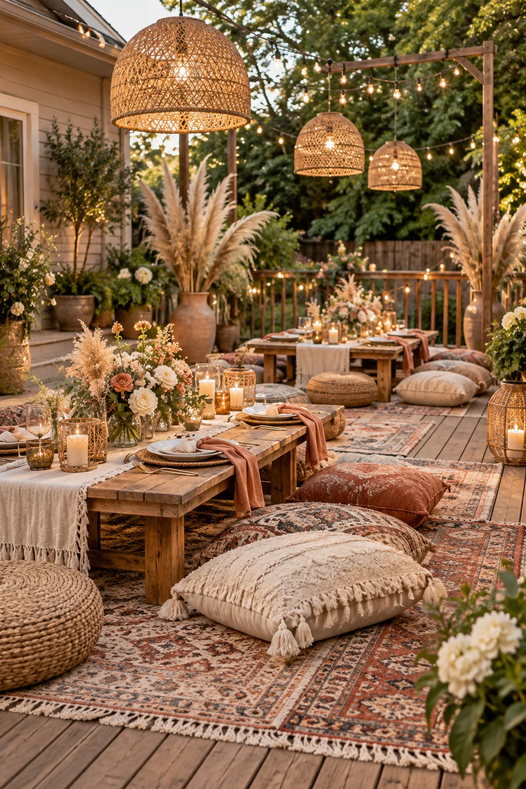 A bohemian backyard wedding setup with low tables, floor cushions, and rattan pendants on a wooden deck.