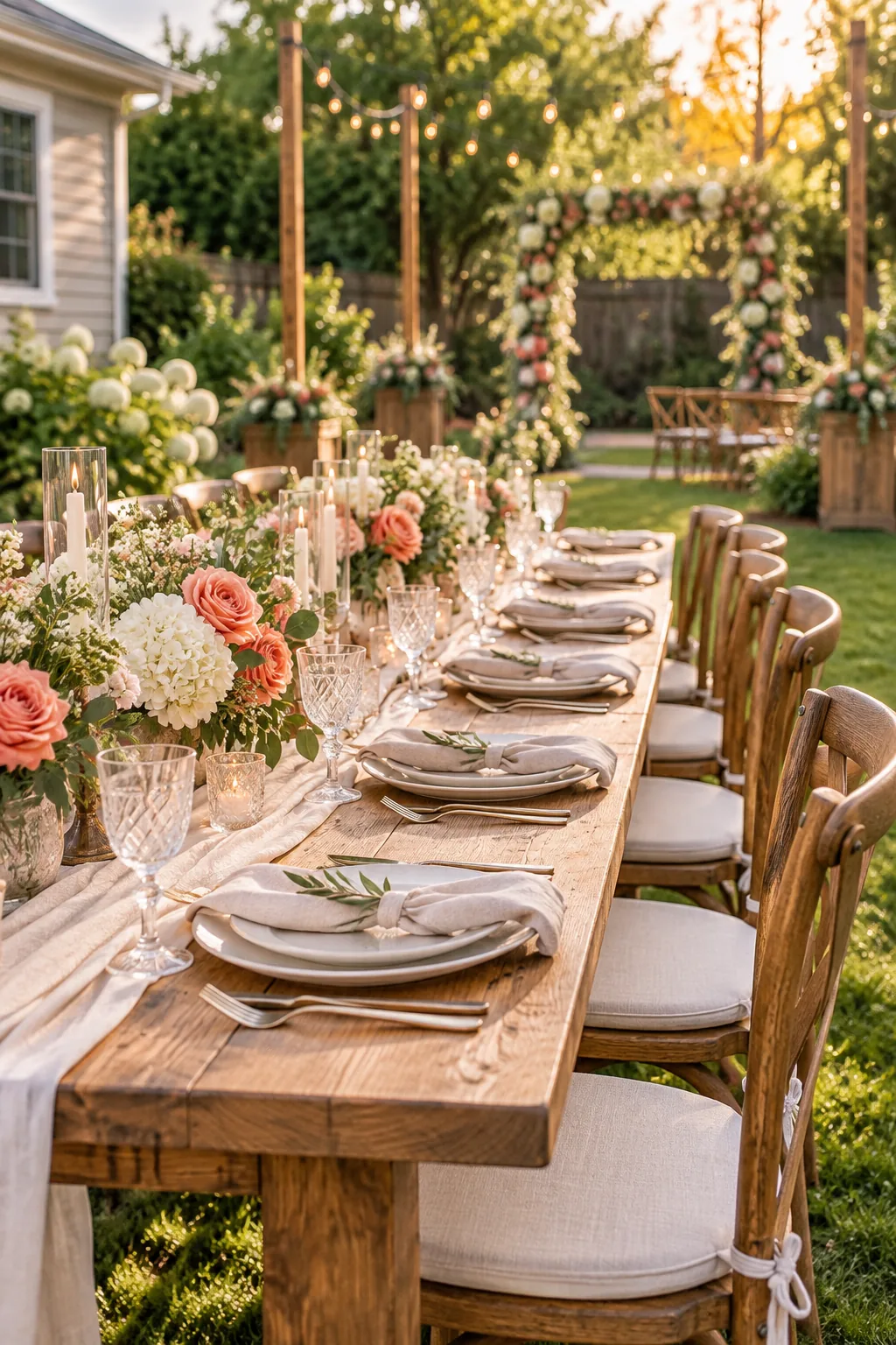 A close view of perfectly spaced place settings along a wooden farm table.