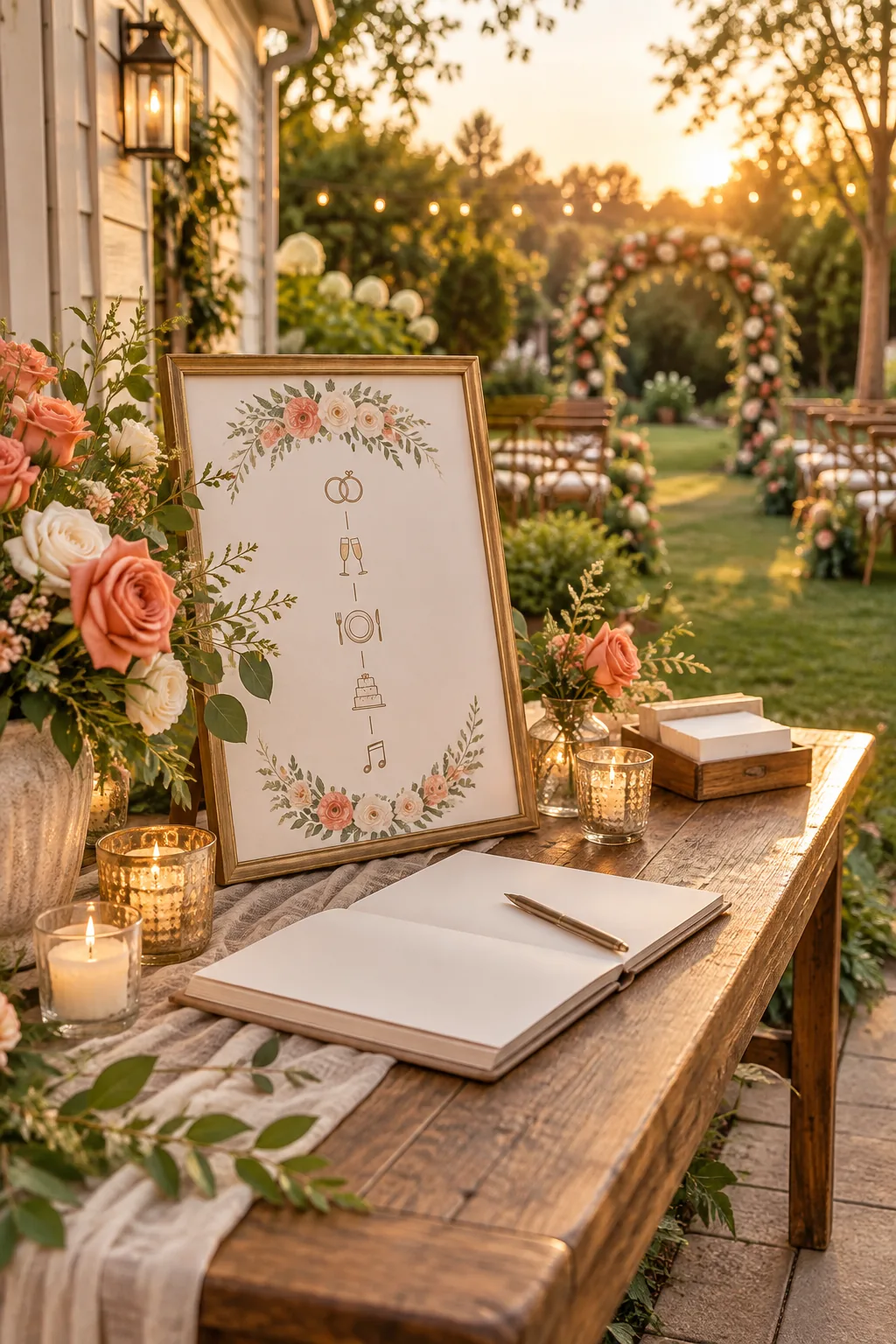 A grass aisle leading to a floral wedding arch bathed in golden hour sunlight.