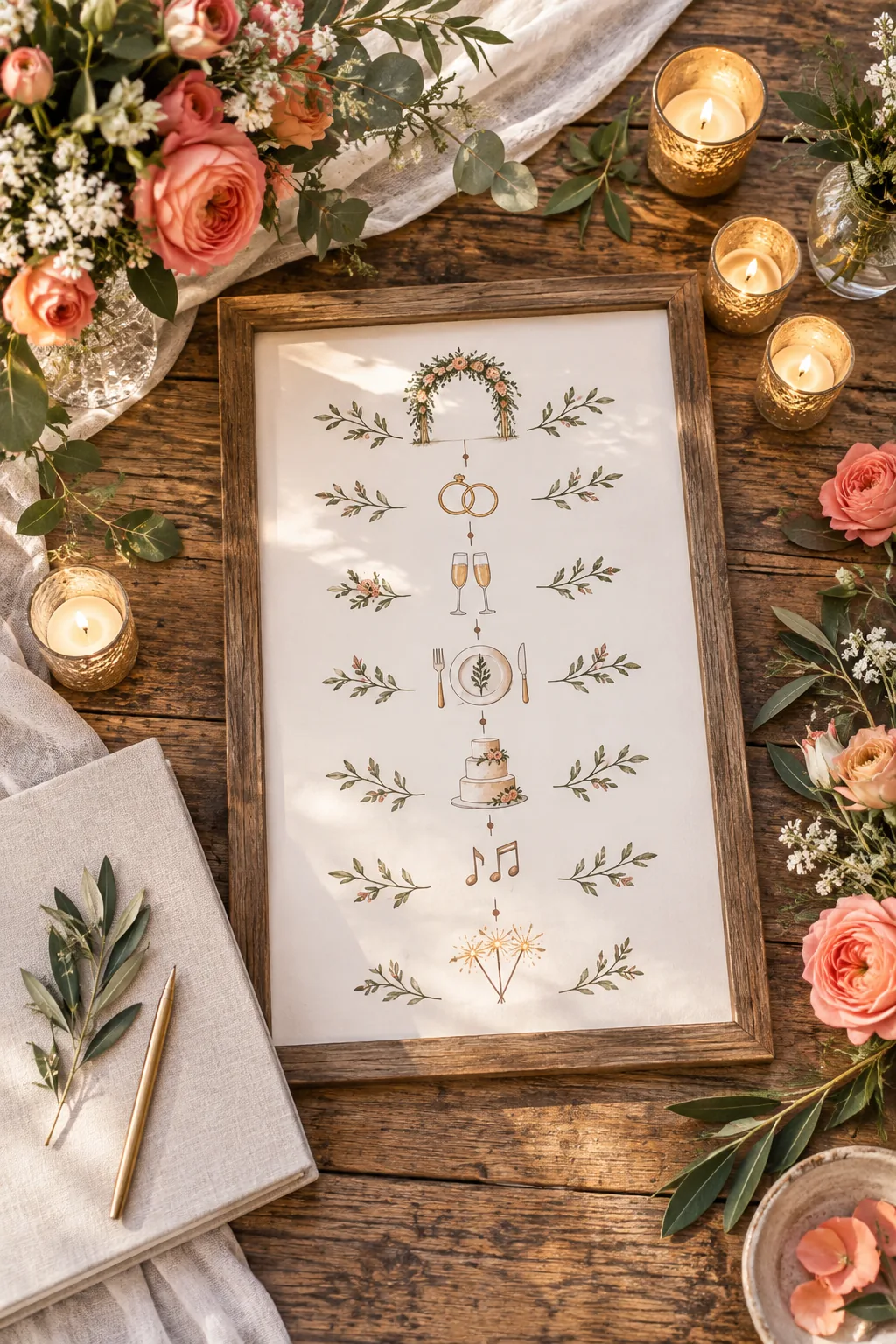A styled wooden welcome table featuring a framed event timeline sign and a guest book.