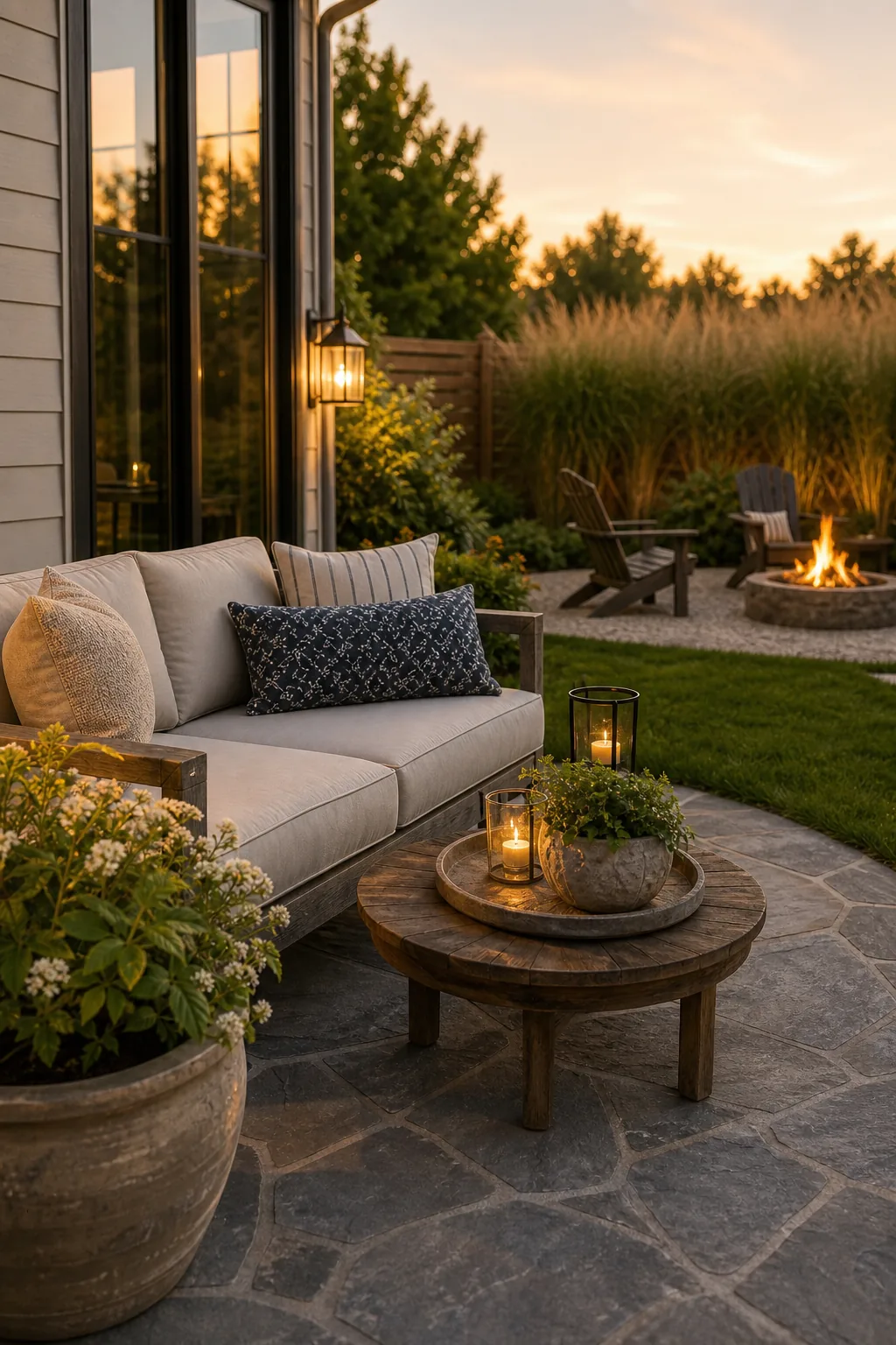 Flagstone patio featuring a neutral outdoor sofa and a round wooden coffee table.