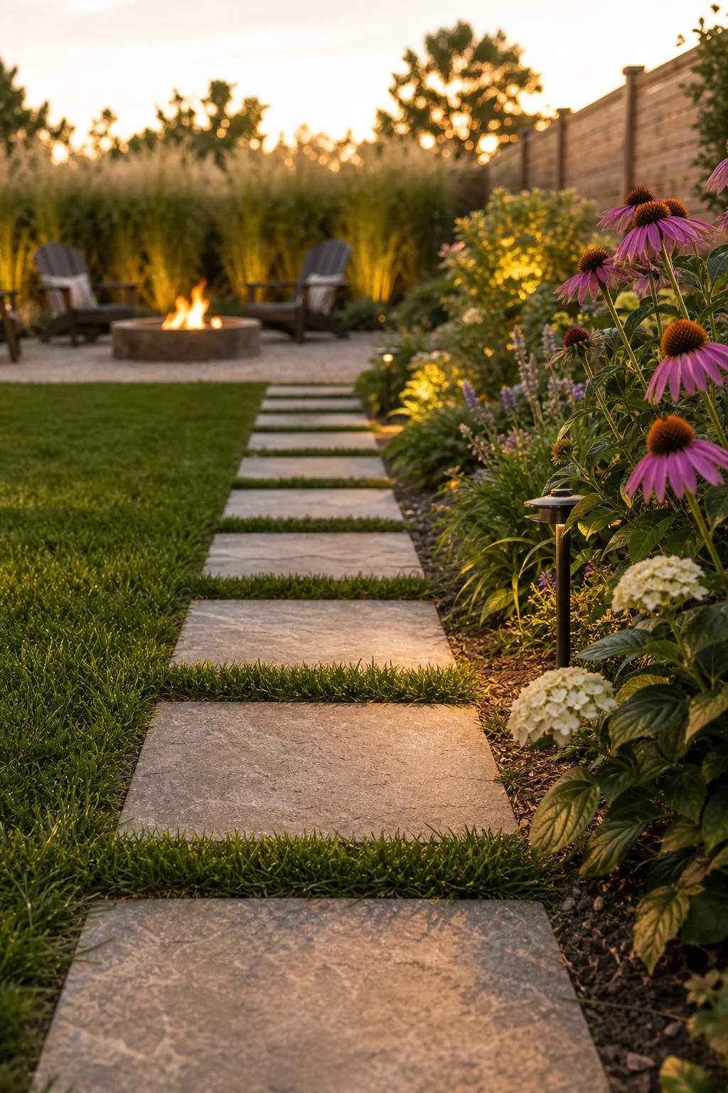 Rectangular stone pavers set into a green lawn leading toward a fire pit.