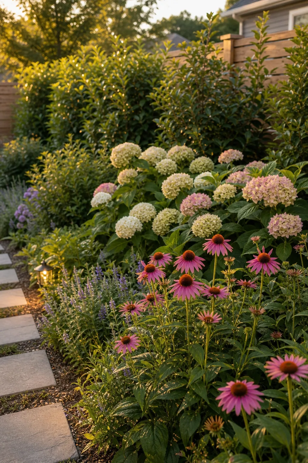 Garden bed with dense green shrubs, blooming hydrangeas, and tall purple coneflowers.