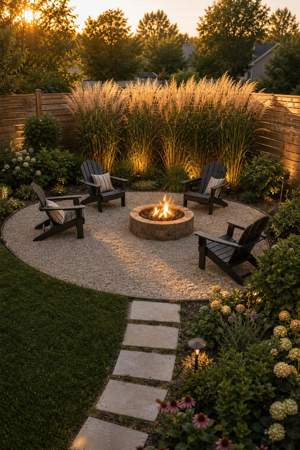 Circular gravel area with a stone fire pit surrounded by dark Adirondack chairs.
