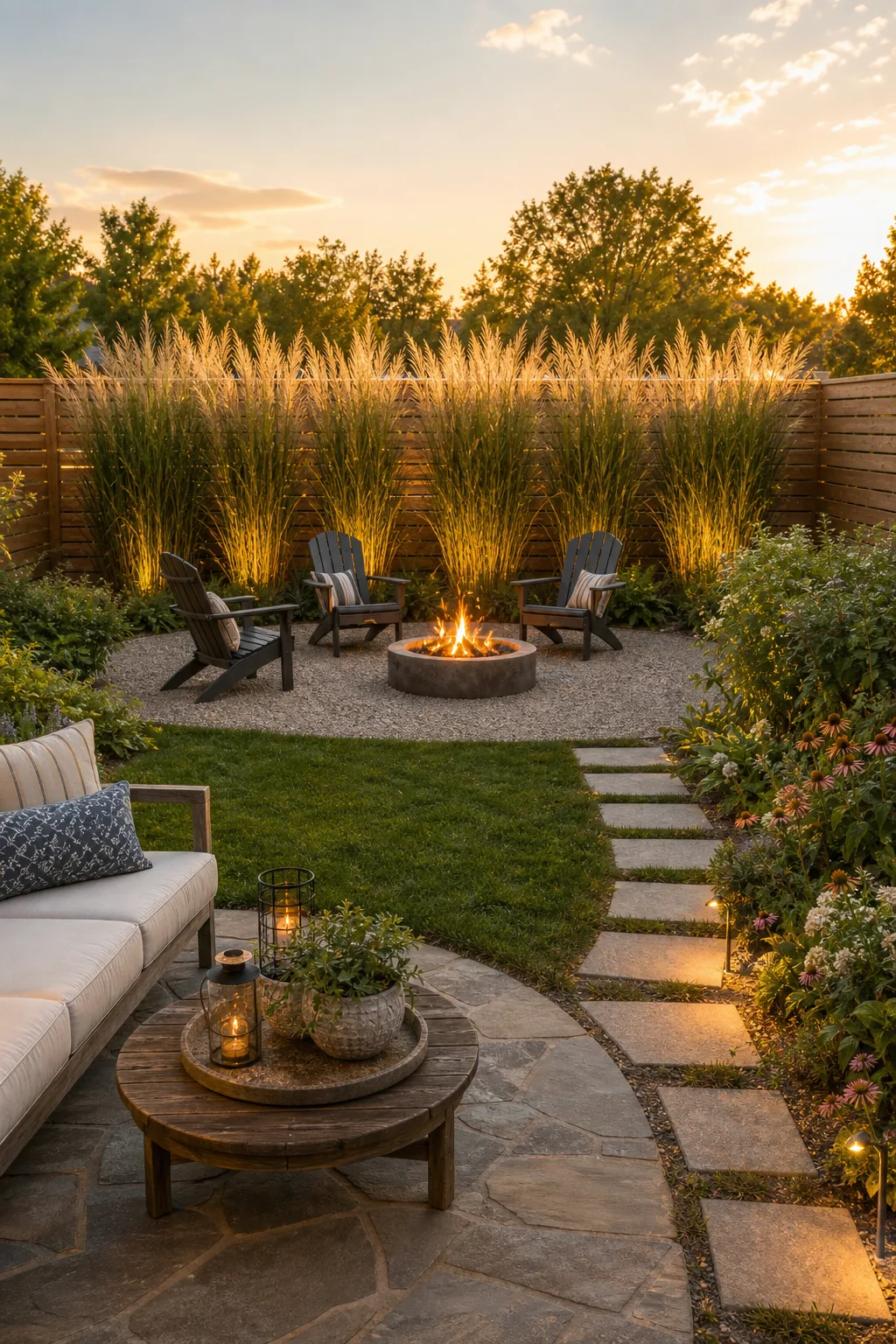 Tall feathery ornamental grasses planted in a dense row against a horizontal wooden fence.
