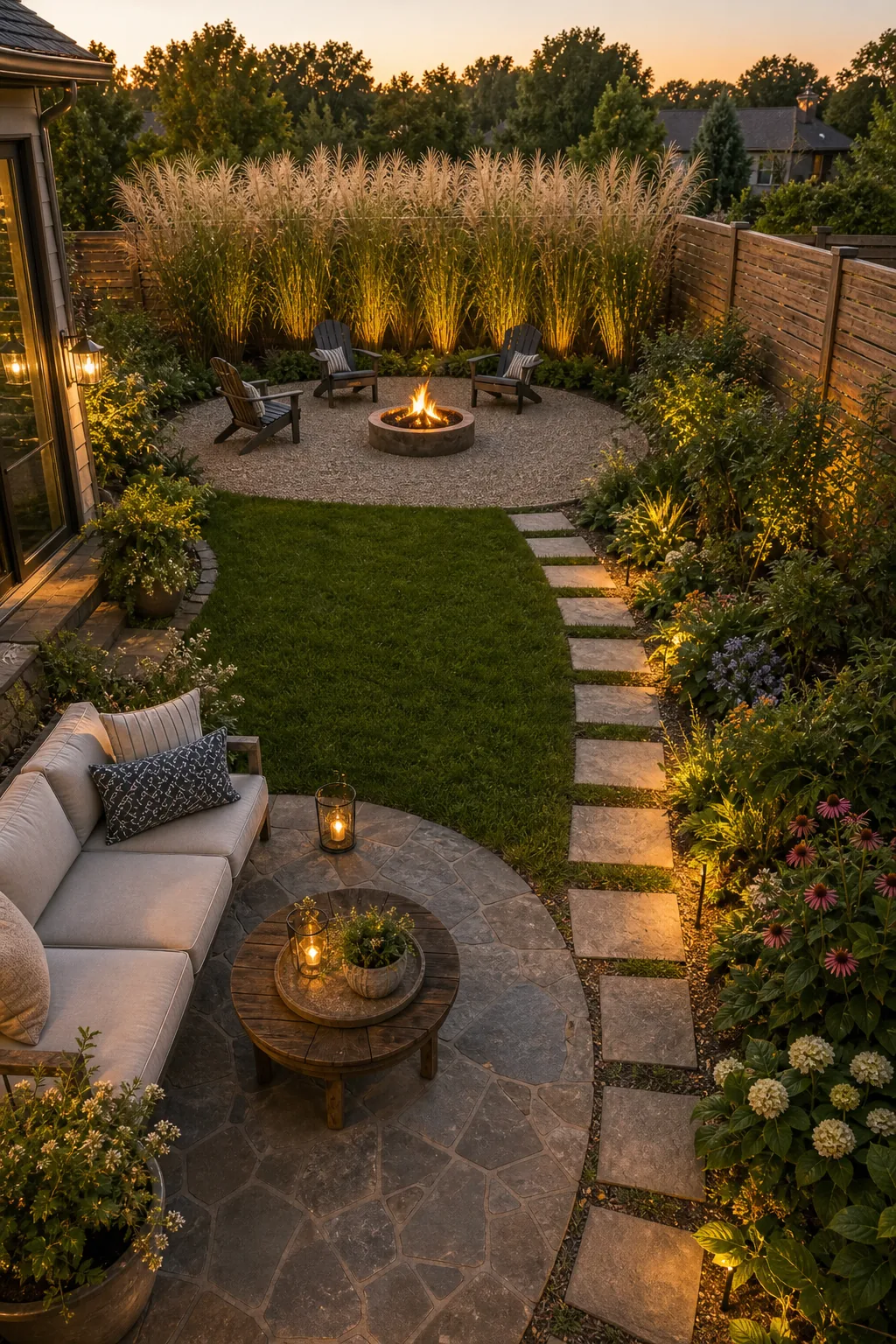 View transitioning from a flagstone patio across a grass lawn to a gravel fire pit area.