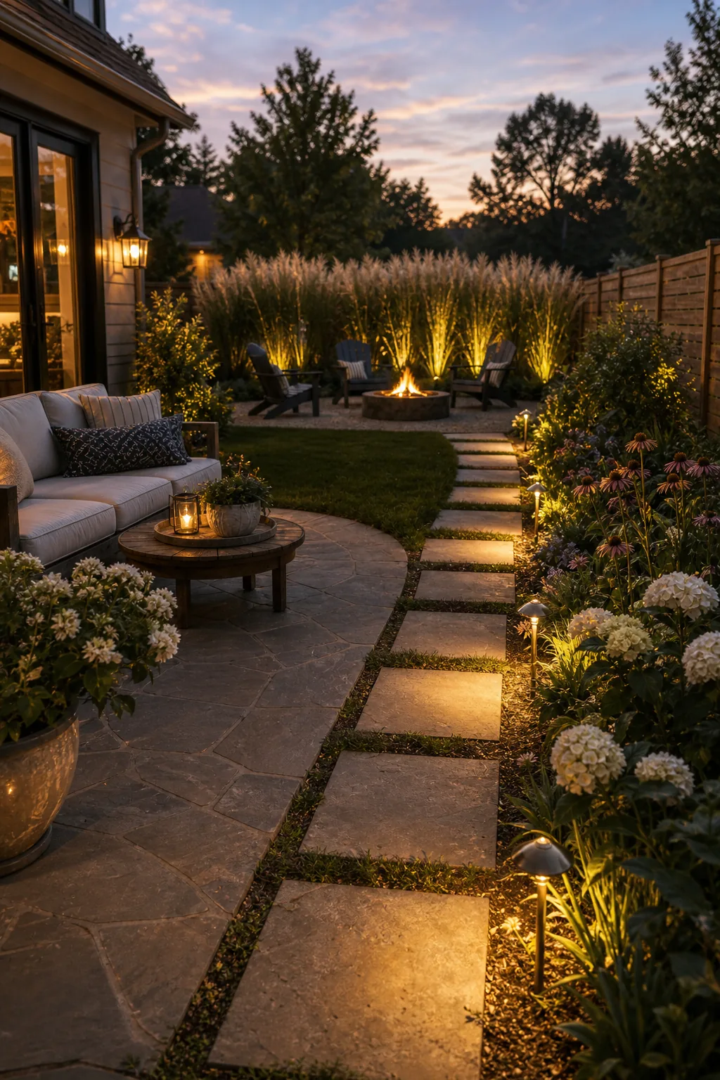 Warm brass path lights illuminating stone pavers and uplights casting a glow on tall grasses.