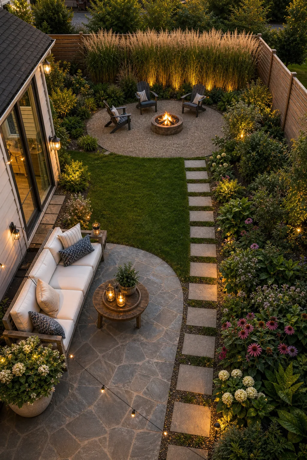 Elevated view of a complete suburban backyard showing a patio, lawn, planted borders, and a rear fire pit.