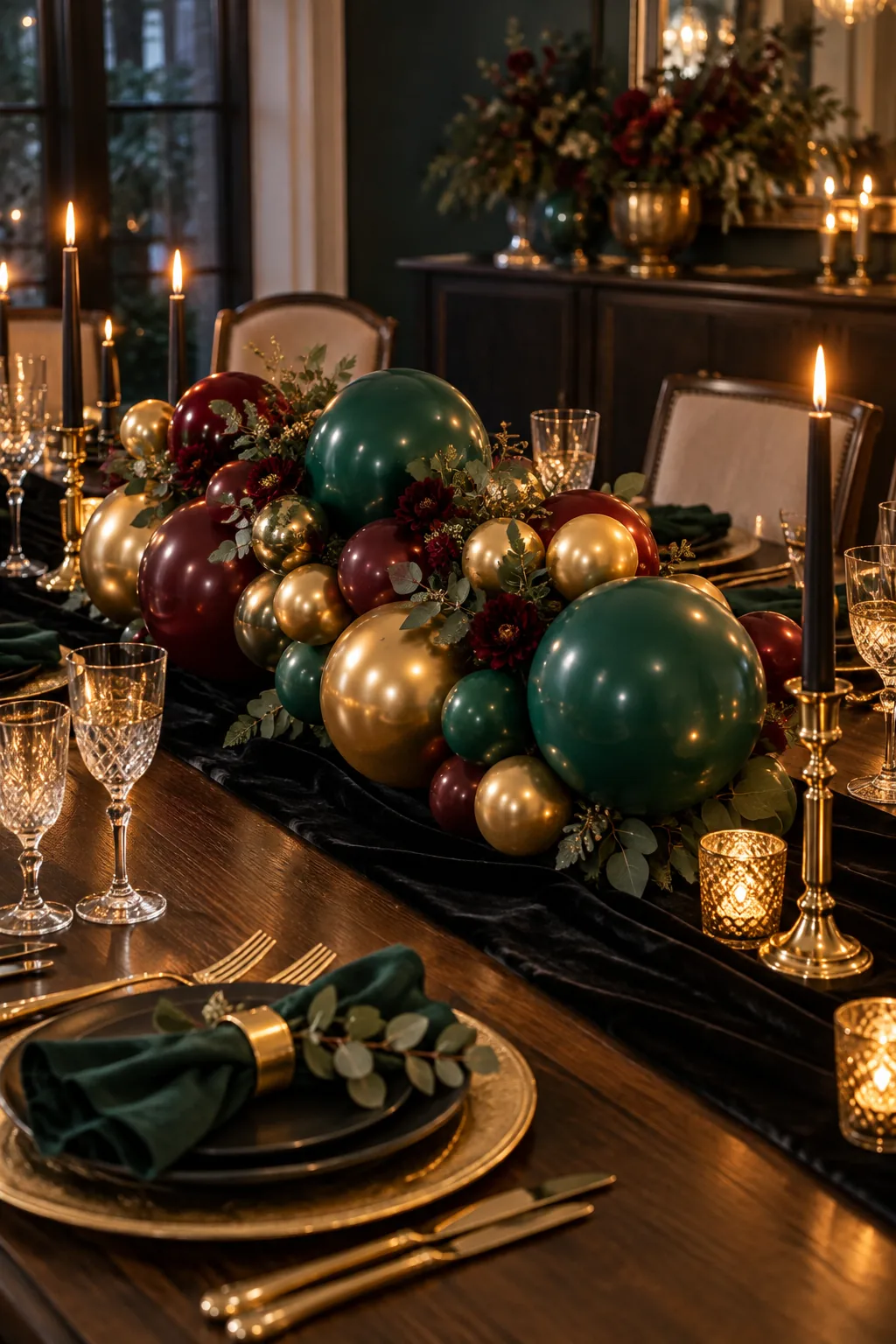 A jewel-toned balloon centerpiece on a dark wooden table with a black velvet runner.