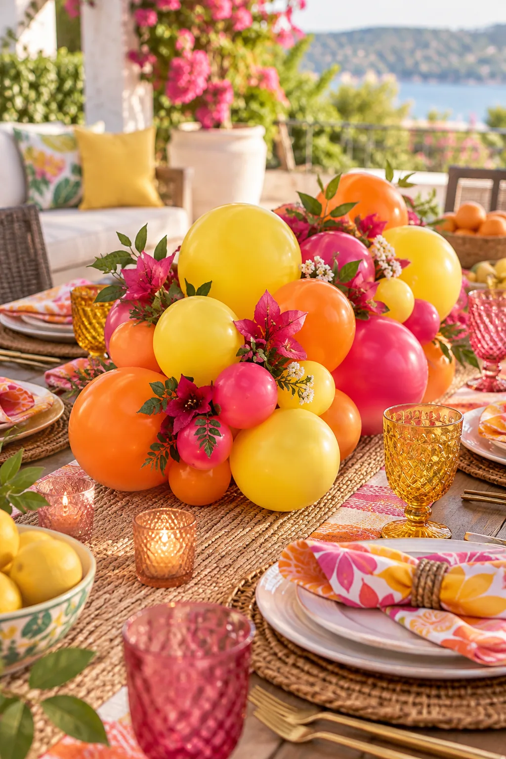 A bright citrus-colored balloon centerpiece on an outdoor patio table.