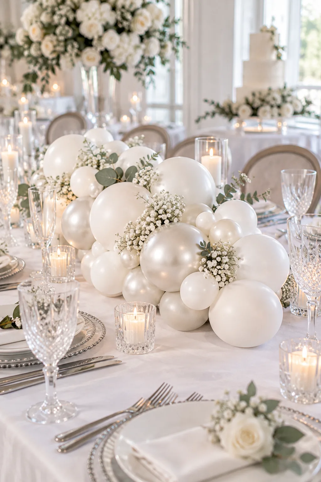 A monochromatic white balloon centerpiece on a formal table with crisp white linens.