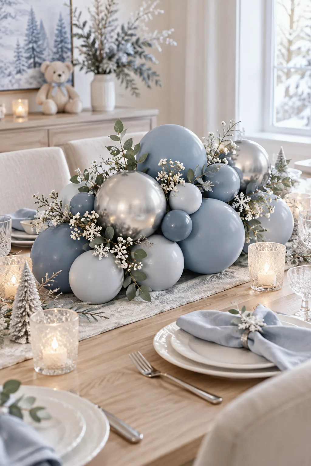 A dusty blue and silver balloon centerpiece on a light oak table.