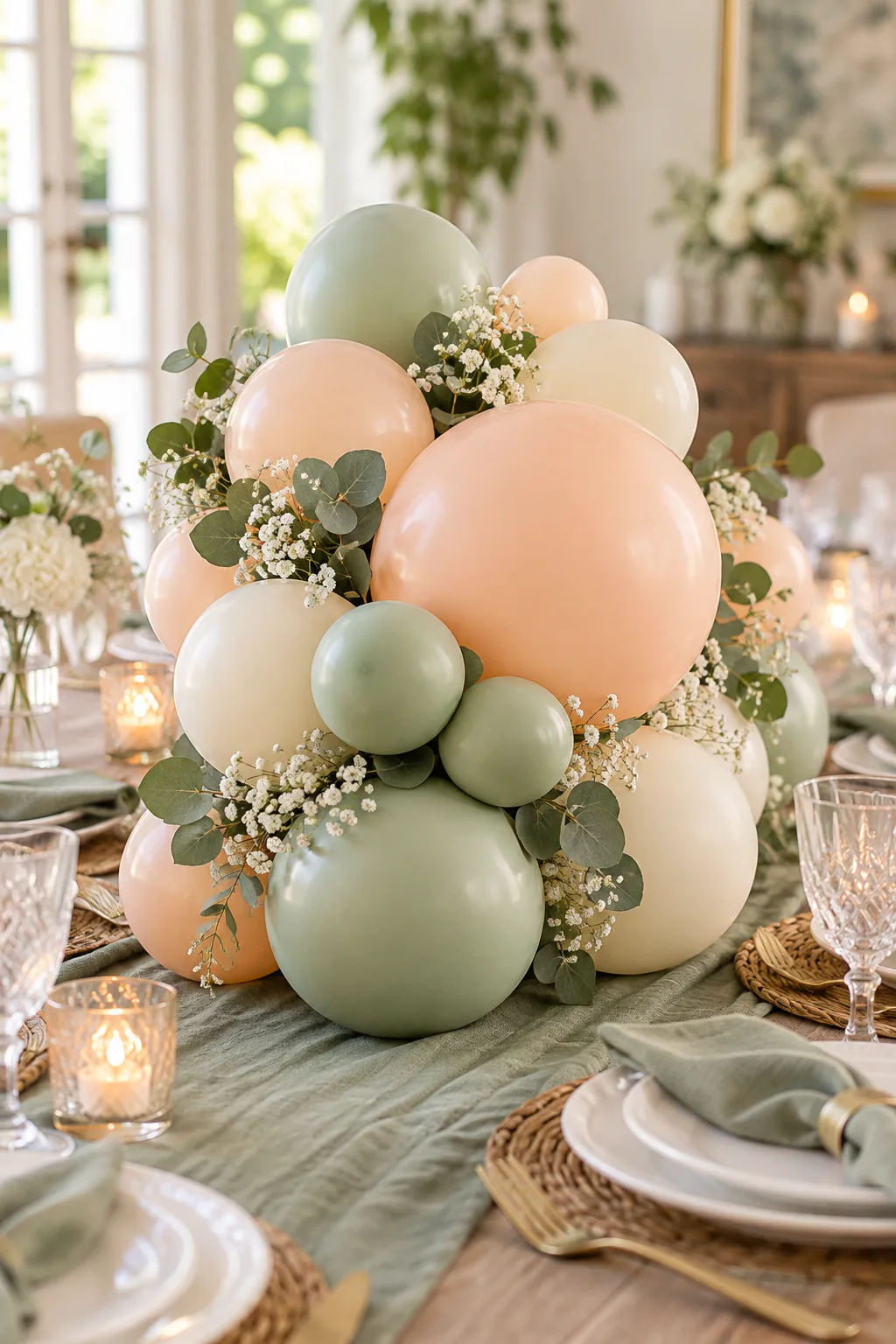 A tall balloon centerpiece with a barely visible clear acrylic rod supporting the center.