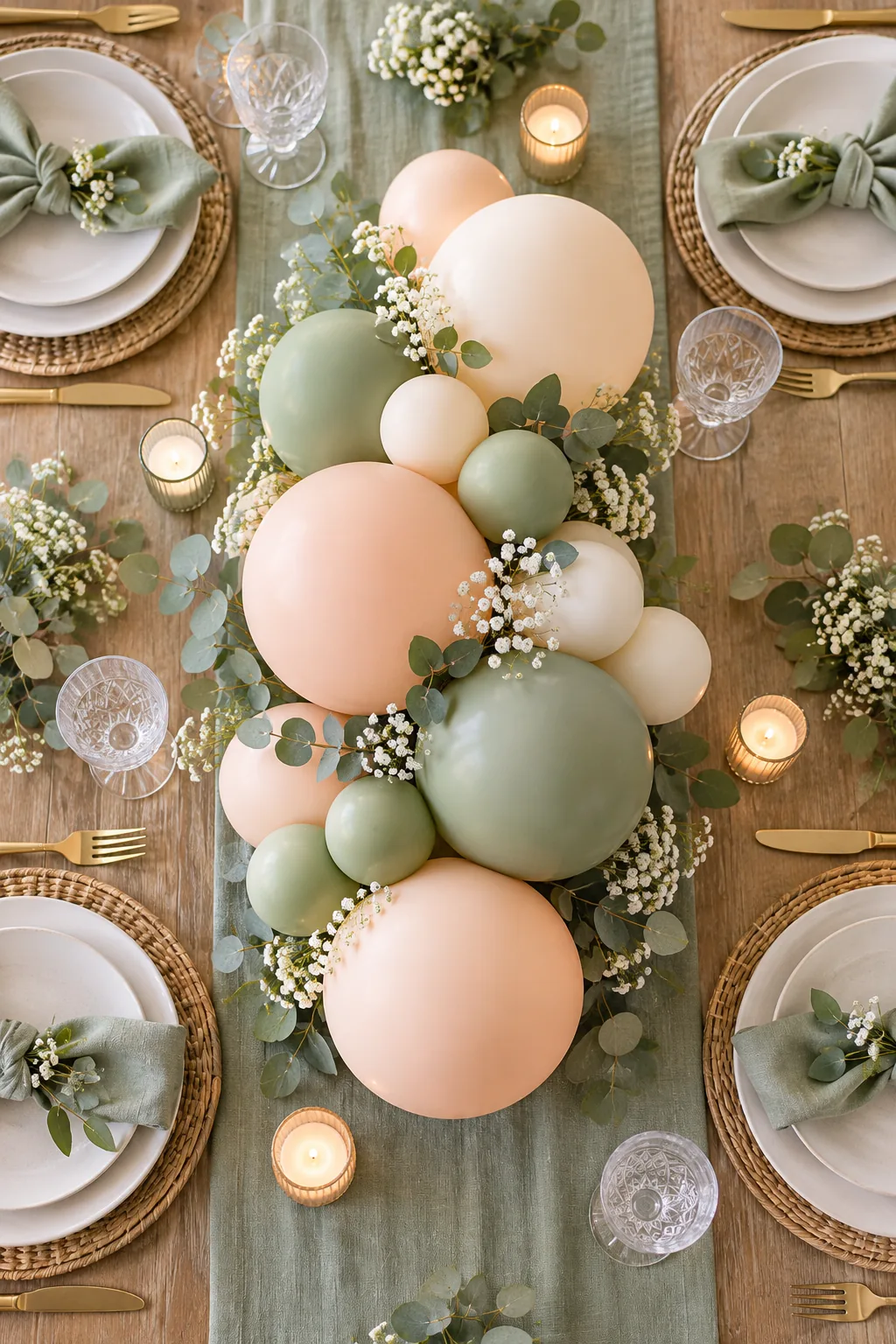 Close-up of a large round peach balloon next to small sage green balloons in a centerpiece.