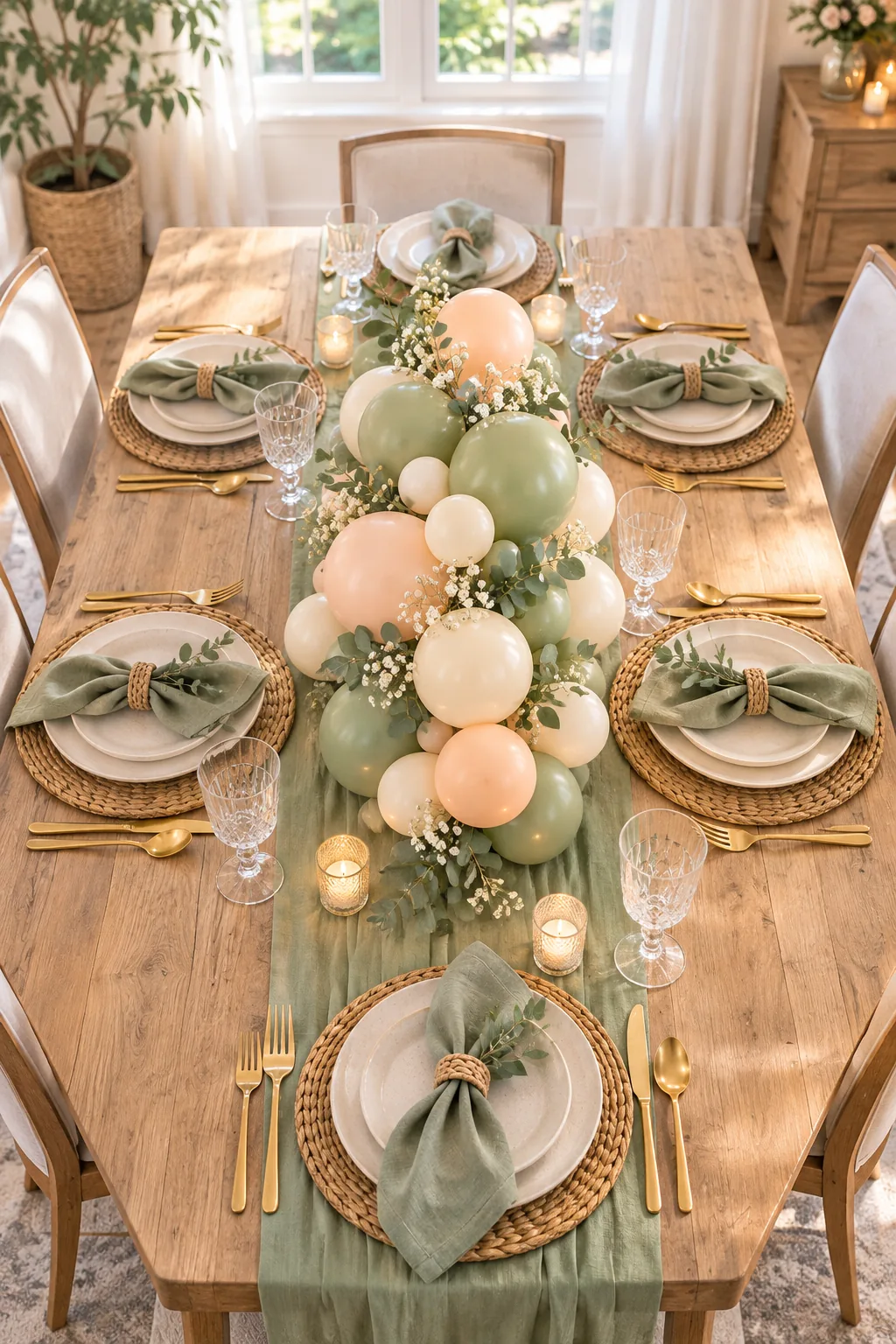 Overhead view of a dining table with a perfectly scaled balloon centerpiece in the middle.