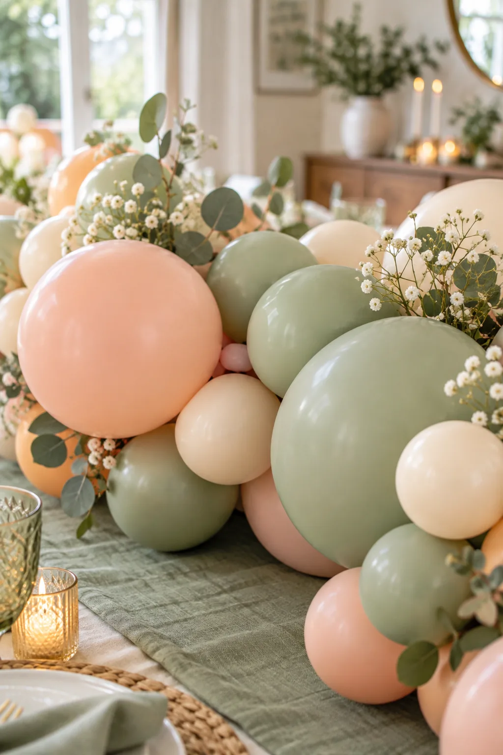 A small peek of a twisting balloon tying two large balloon clusters together.