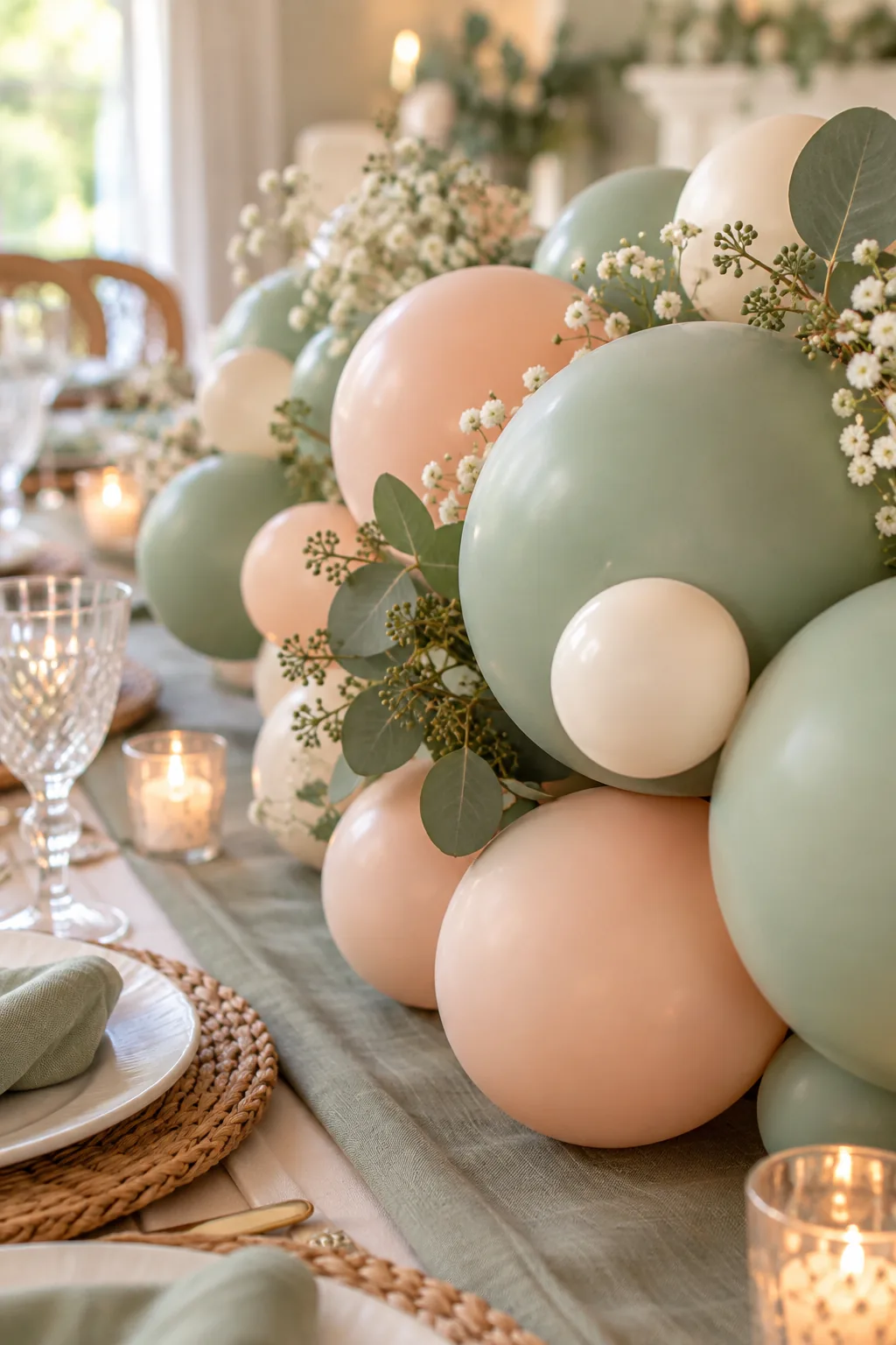 A tiny cream balloon attached to the outside of a larger green balloon.
