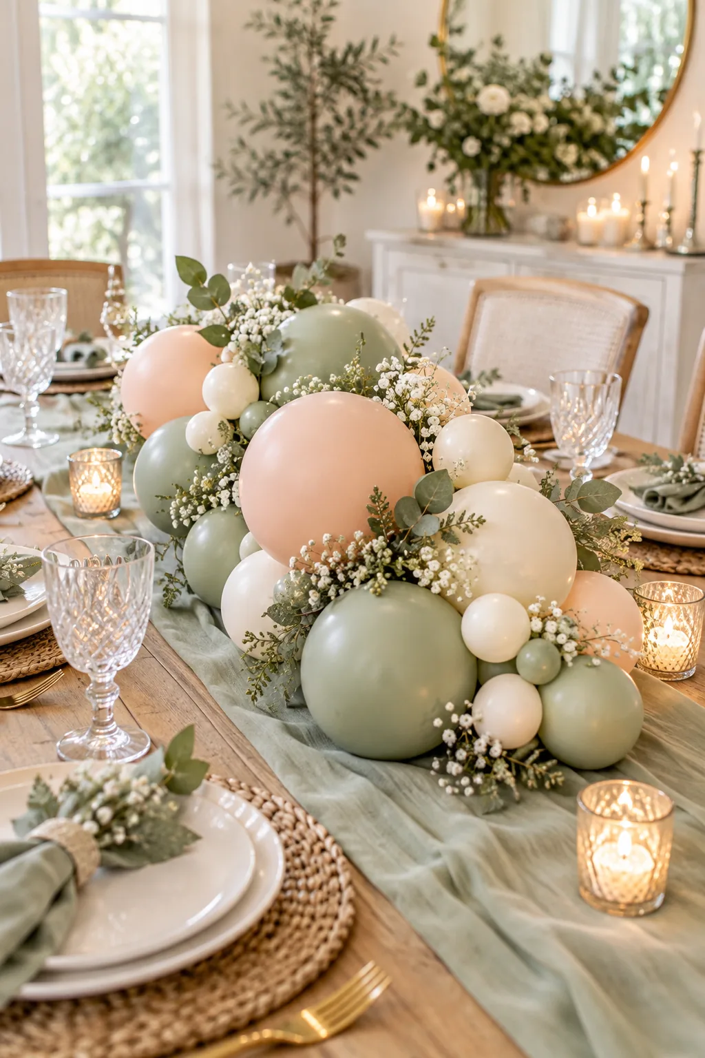 Baby's breath and eucalyptus sprigs woven into a pastel balloon centerpiece.