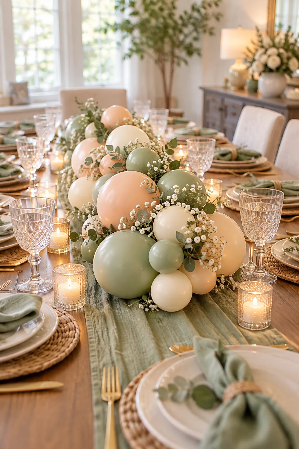 A low-profile balloon centerpiece on a dining table surrounded by lit votive candles.