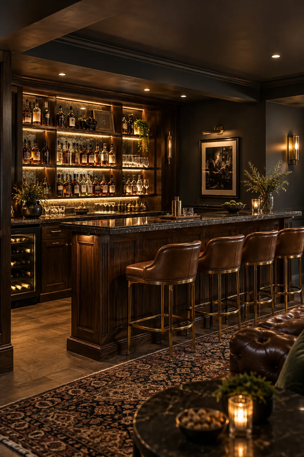 Moody basement speakeasy bar with dark walnut wood and antique brass details.
