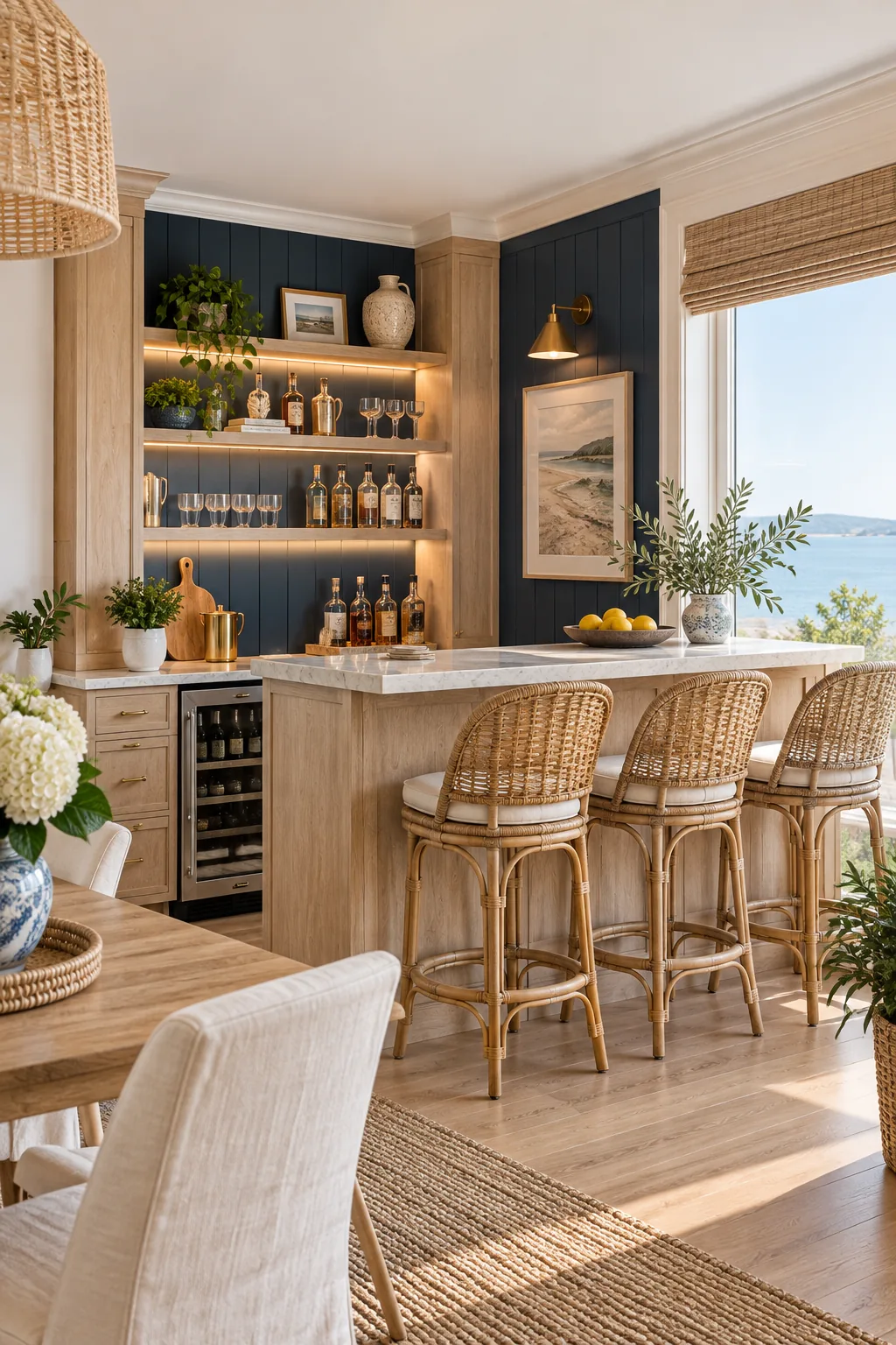 Bright coastal bar in a dining room corner with white oak and navy blue accents.