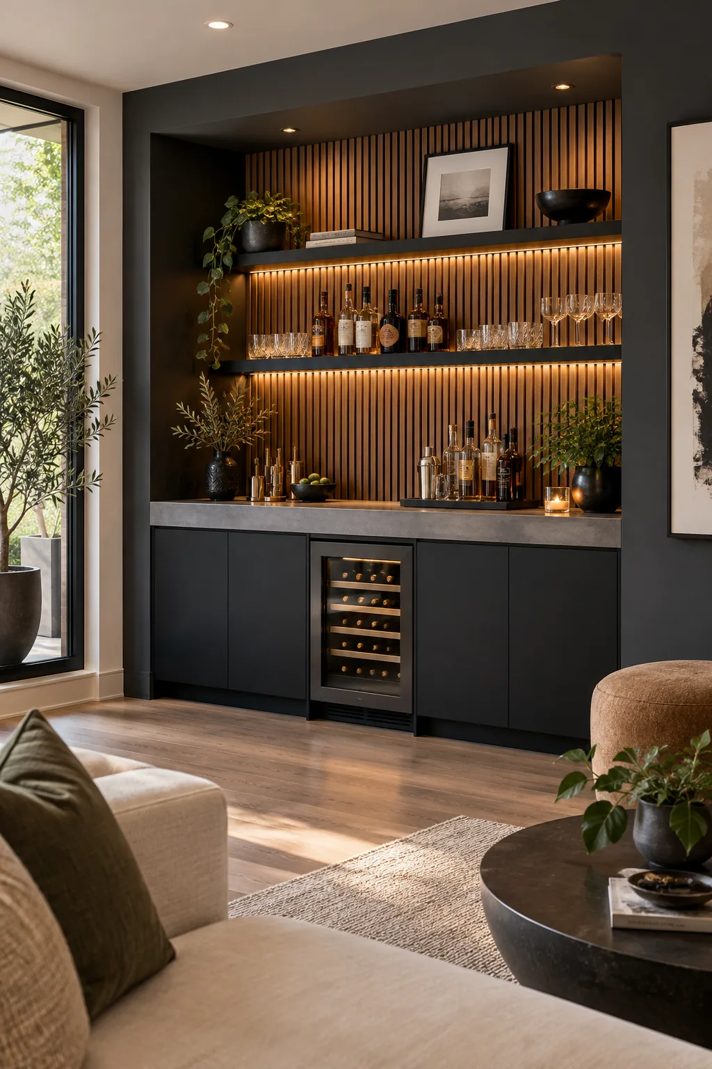 Modern living room bar niche with matte black finishes and fluted wood paneling.