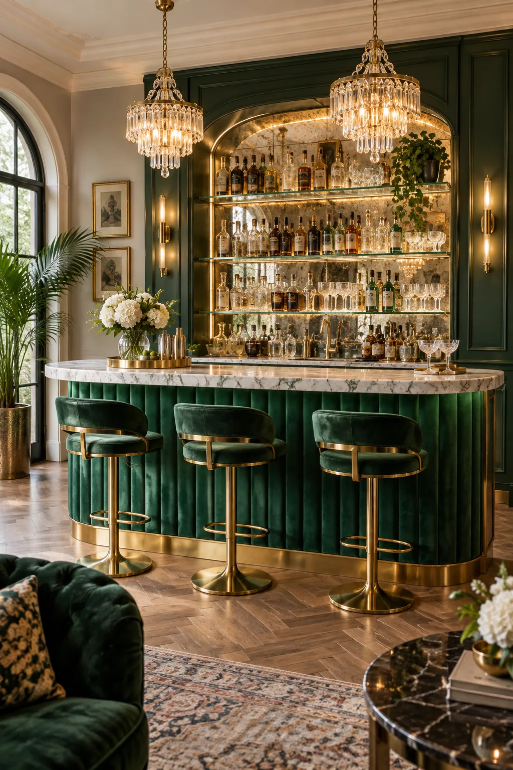 Glamorous parlor bar with emerald green velvet, a mirrored backsplash, and polished gold.