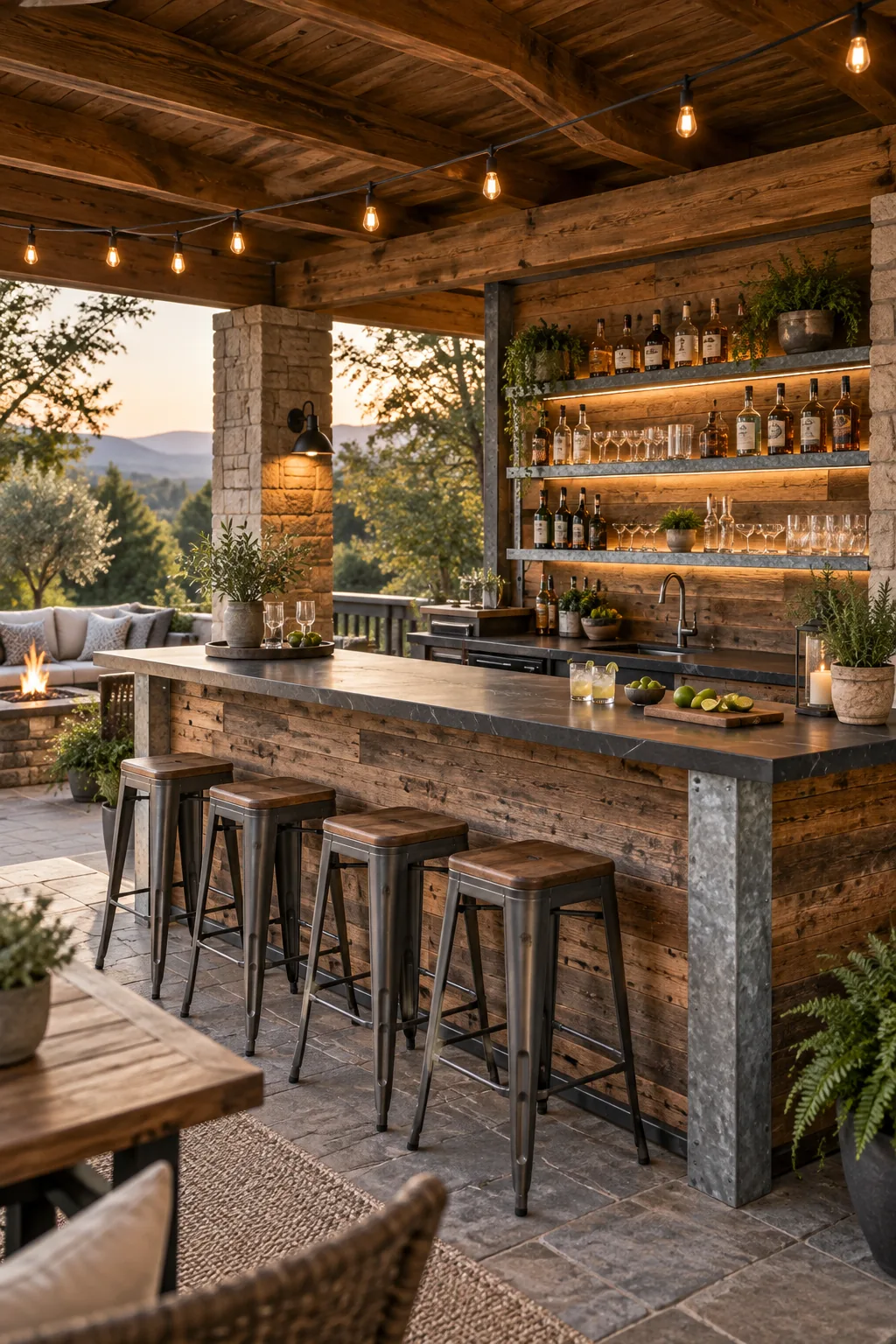 Rustic outdoor patio bar made of reclaimed wood and soapstone counters.